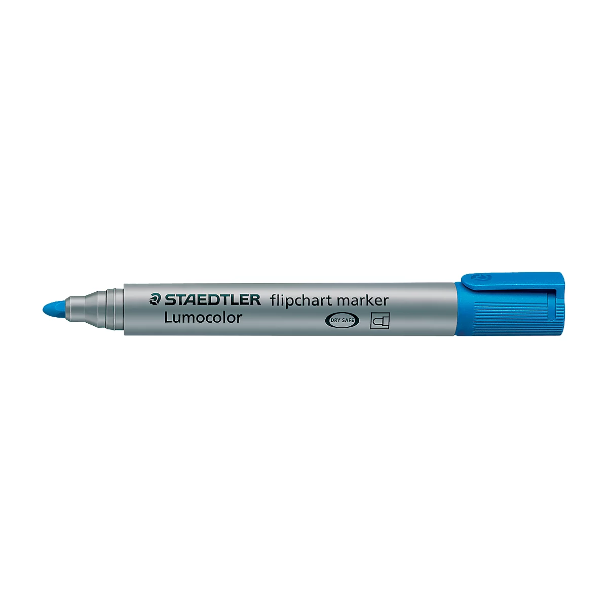 Blue felt-tip pen with a silver casing. Inscription: STAEDTLER flipchart marker Lumocolor.
