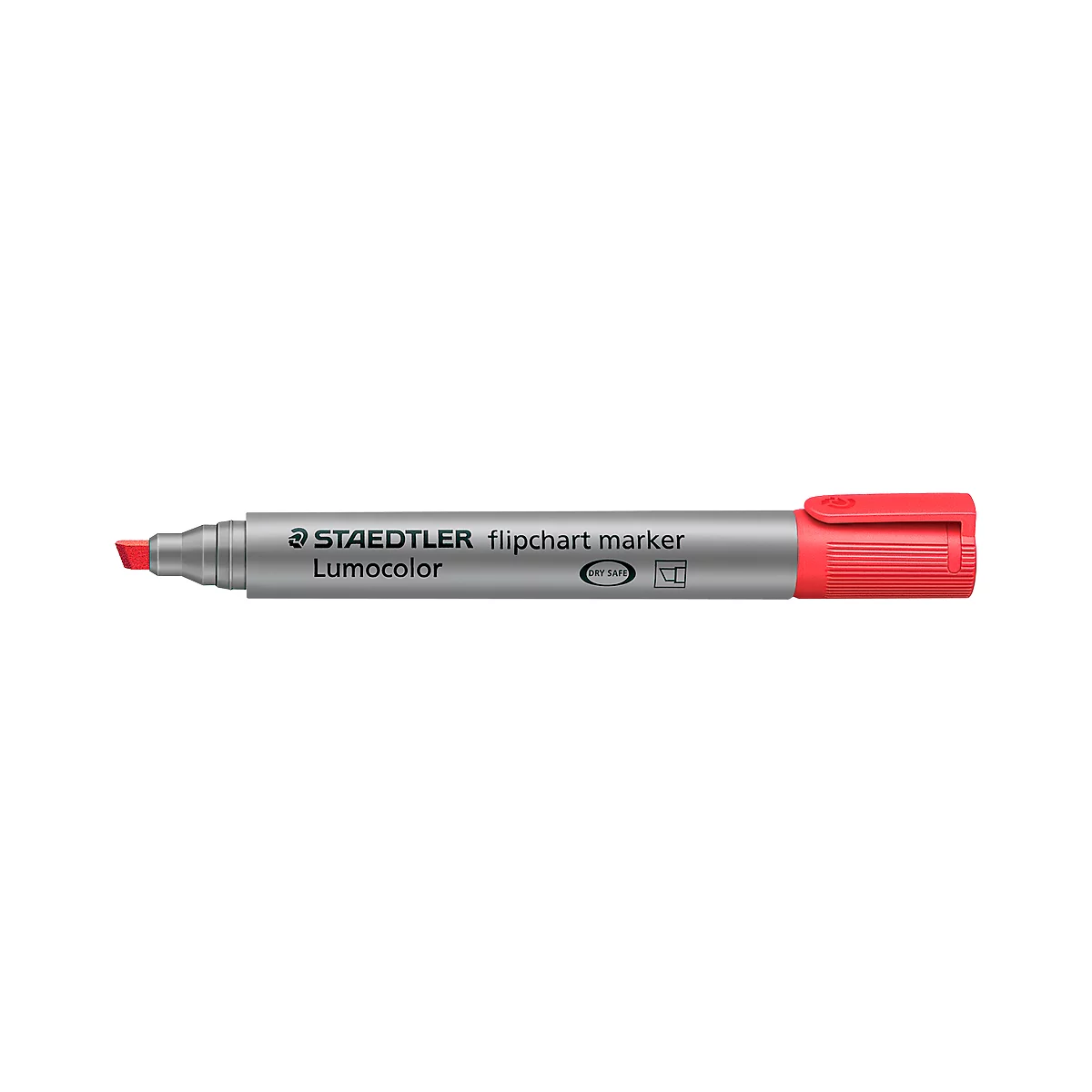 A red STAEDTLER flipchart marker, Lumocolor. The pen has a gray casing and a red tip.