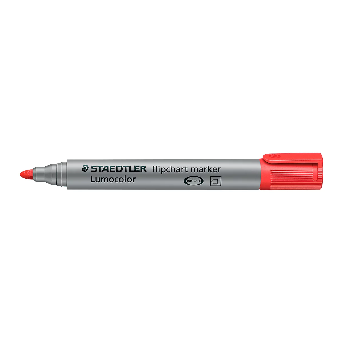 Red Staedtler flipchart marker. Inscription: Lumocolor. Gray body, red cap and tip.