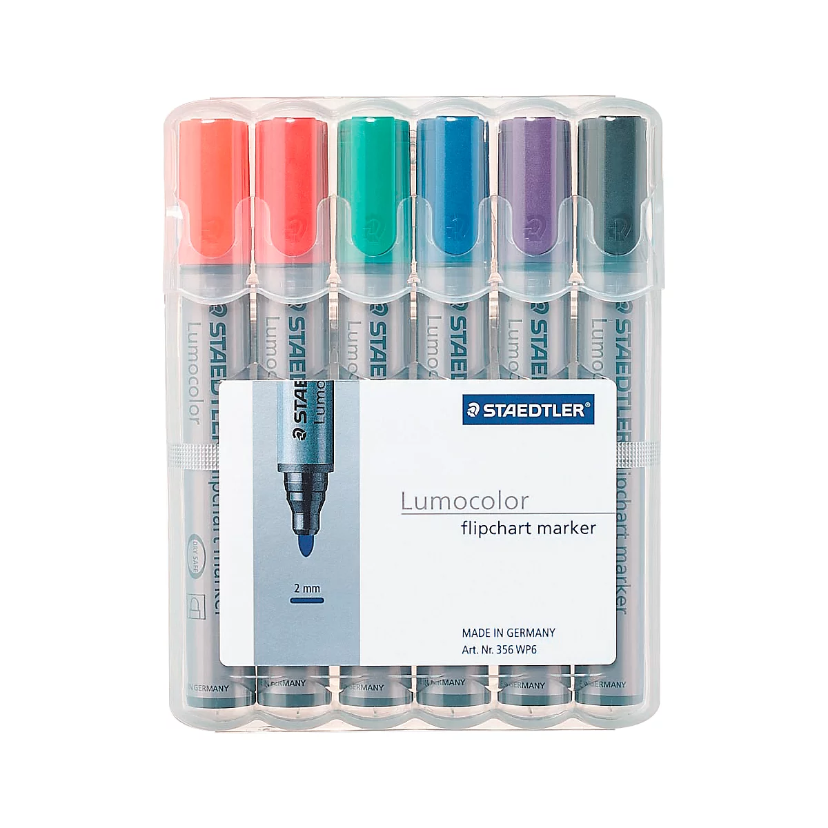 Pack of six Lumocolor flipchart markers in various colors. The markers are in a transparent plastic package.