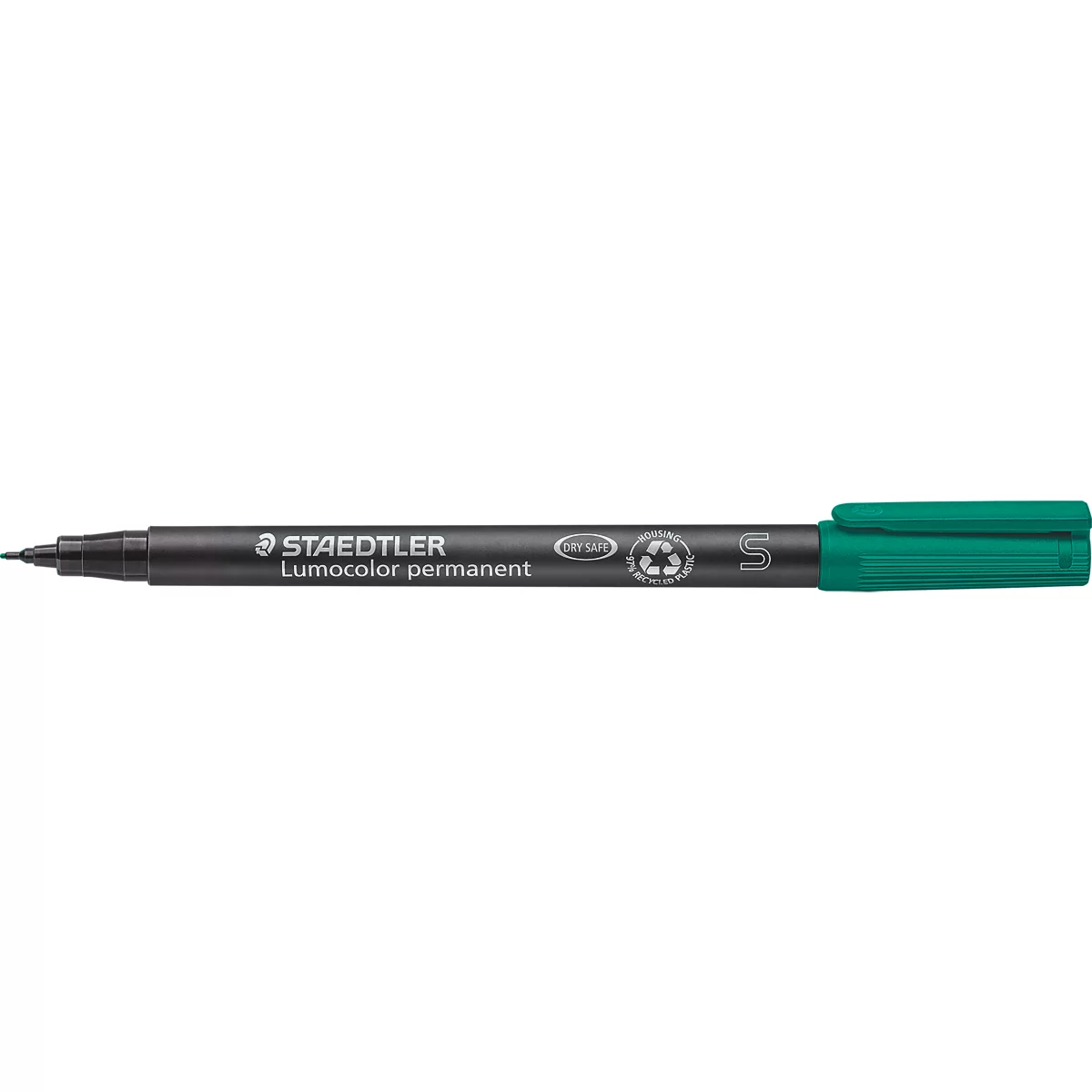 Schwarzer Staedtler Lumocolor Permanentstift mit grüner Kappe und Spitze.