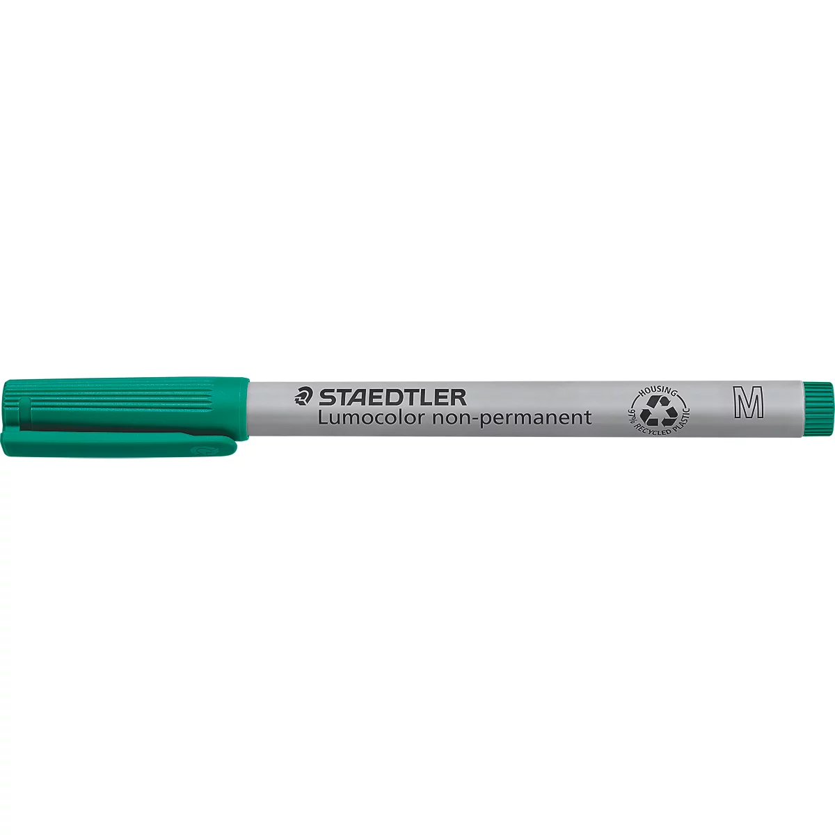 Grüner Staedtler Lumocolor non-permanent Stift mit mittlerer Strichbreite vor weißem Hintergrund.