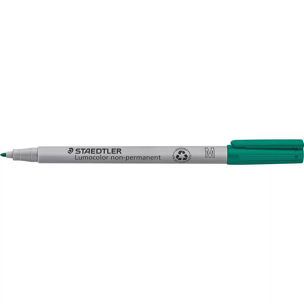 Ein grüner Staedtler Lumocolor Non-Permanent Marker mit grauer Hülle und grüner Verschlusskappe.