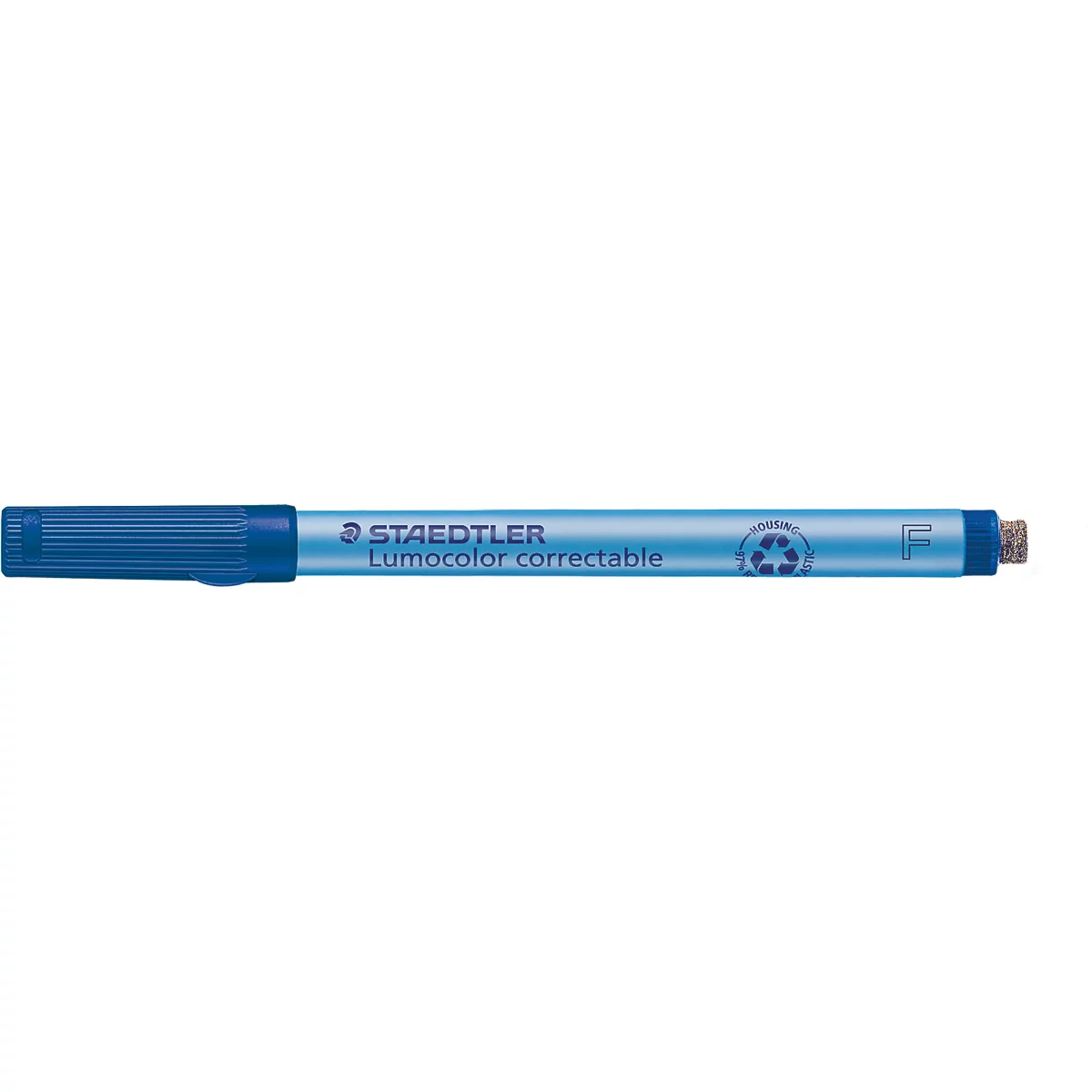 Blauer Staedtler Lumocolor correctable Stift mit Radierer an der Kappe, horizontale Ansicht.