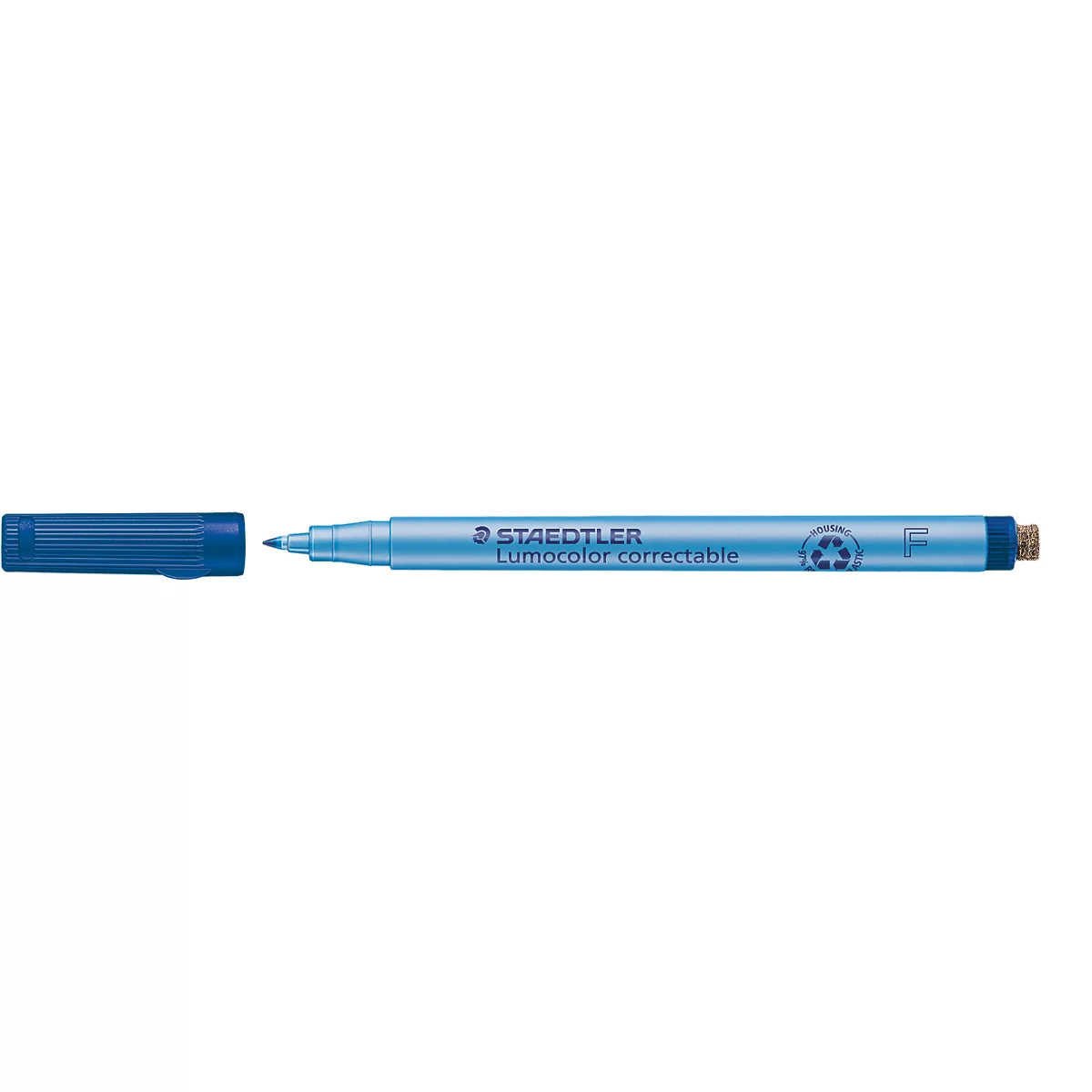 Hellblauer Staedtler Lumocolor correctable Marker mit abgenommener, dunkelblauer Kappe.
