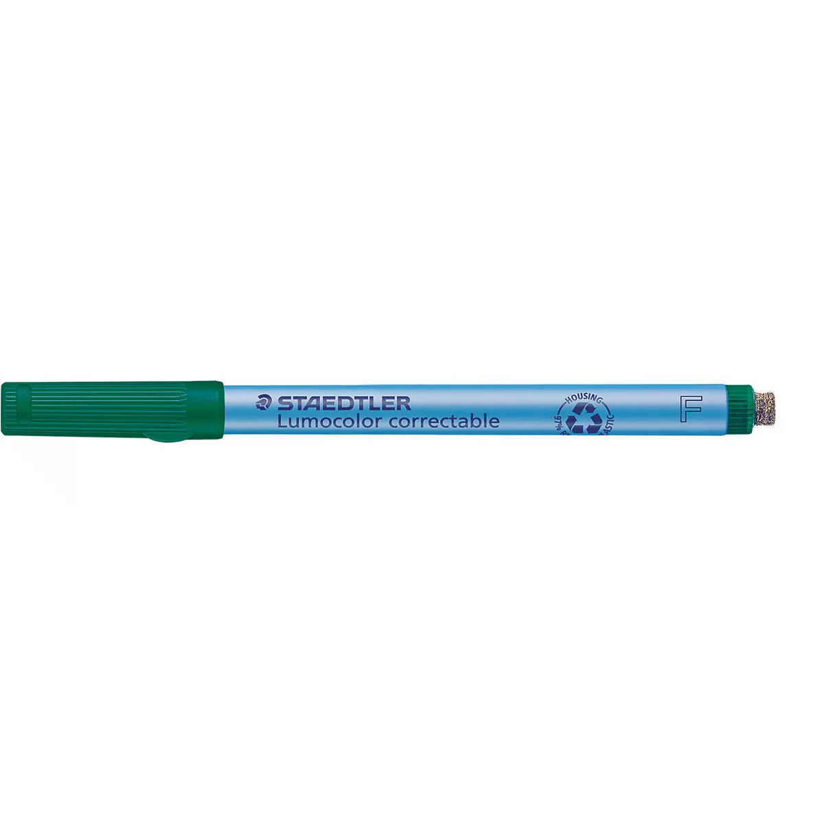Grüner Staedtler Lumocolor correctable Stift vor weißem Hintergrund.