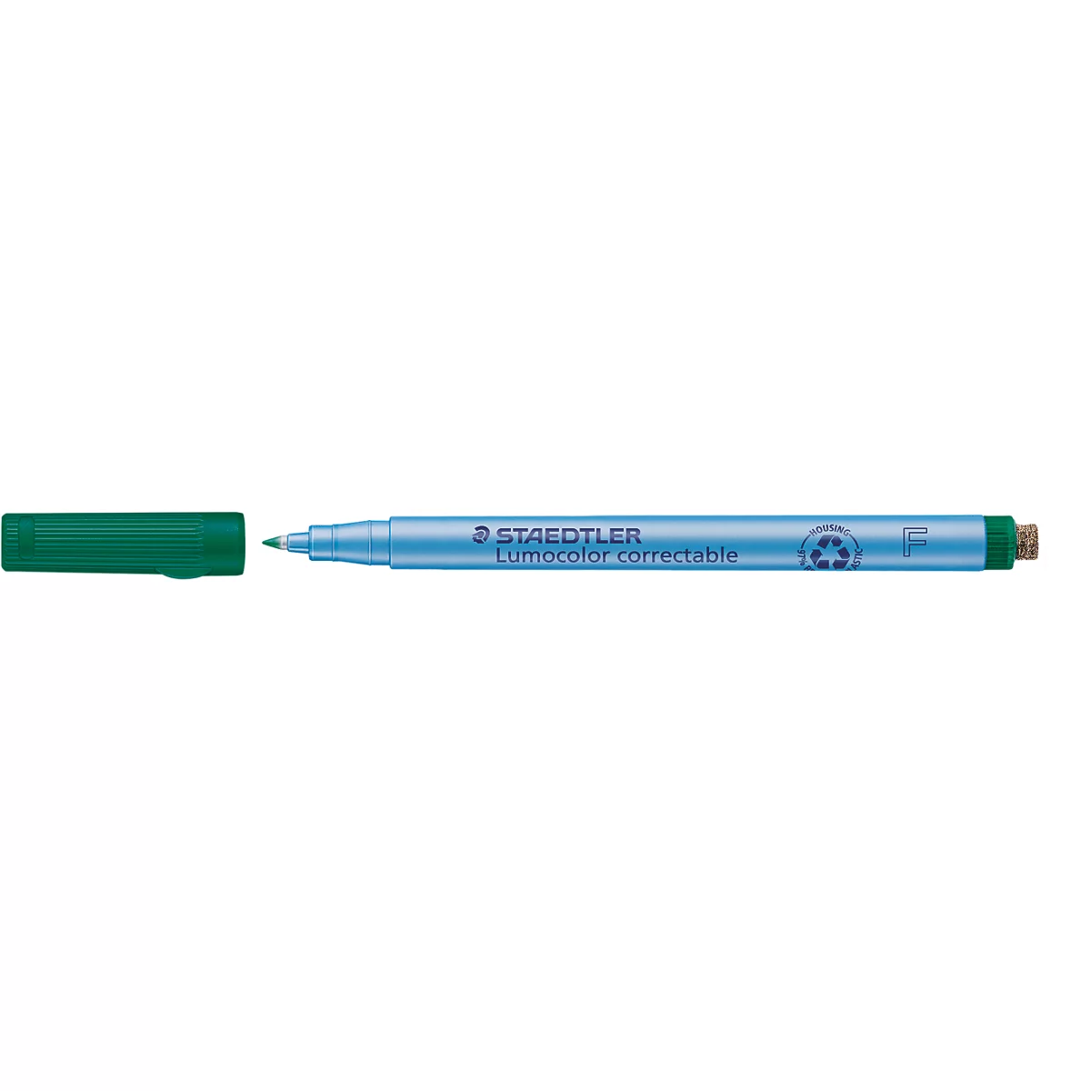 Ein hellblauer Staedtler Lumocolor Correctable Stift mit abgenommener grüner Kappe.