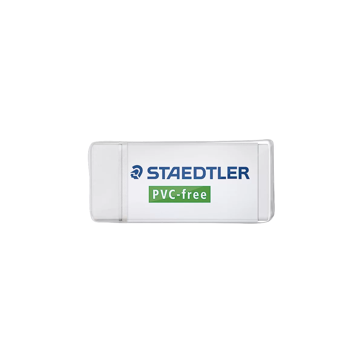 Rechthoekige witte Staedtler gum met blauw logo en groen PVC-vrij label.