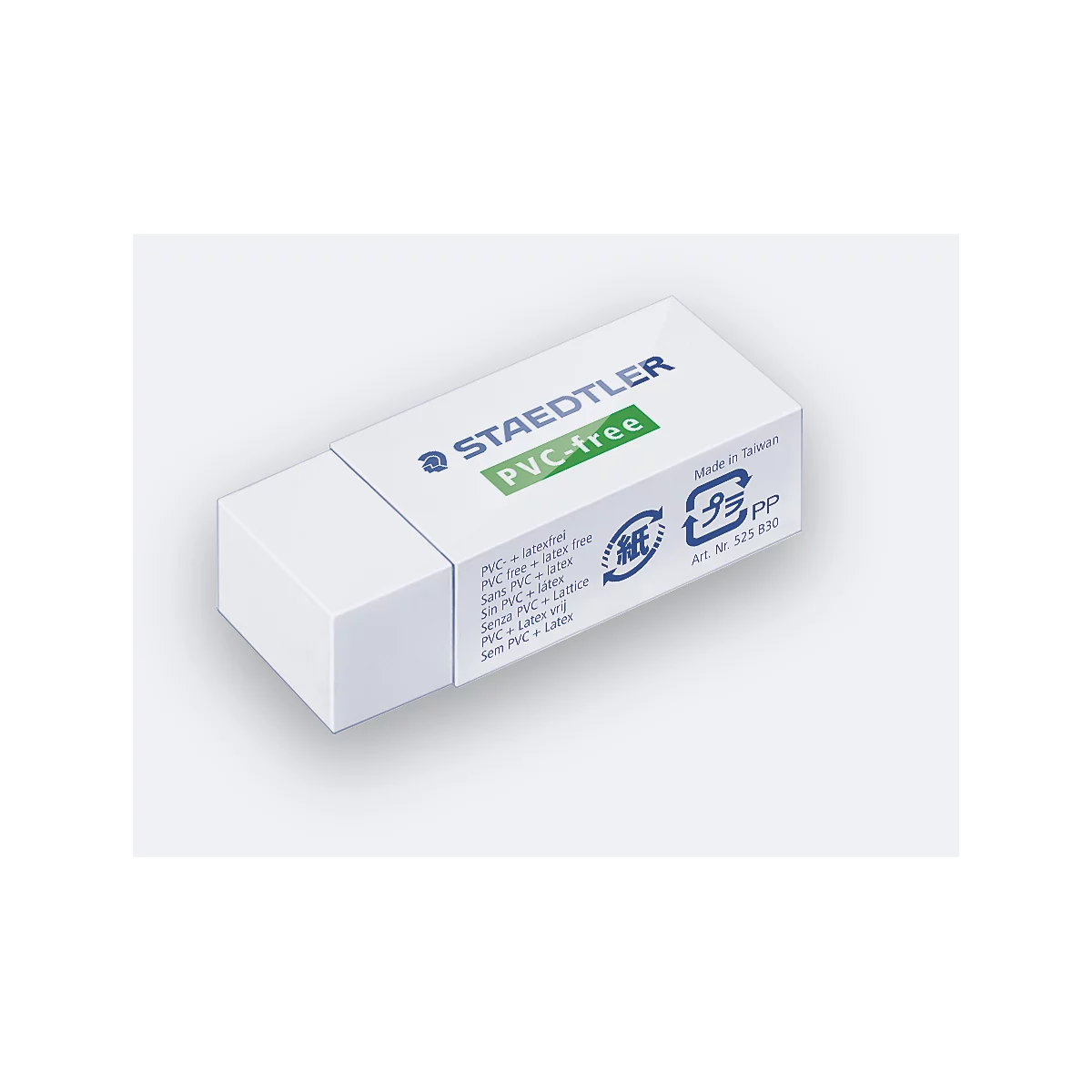 Een witte Staedtler gum met blauw logo en 'PVC-free' tekst op de papieren wikkel.