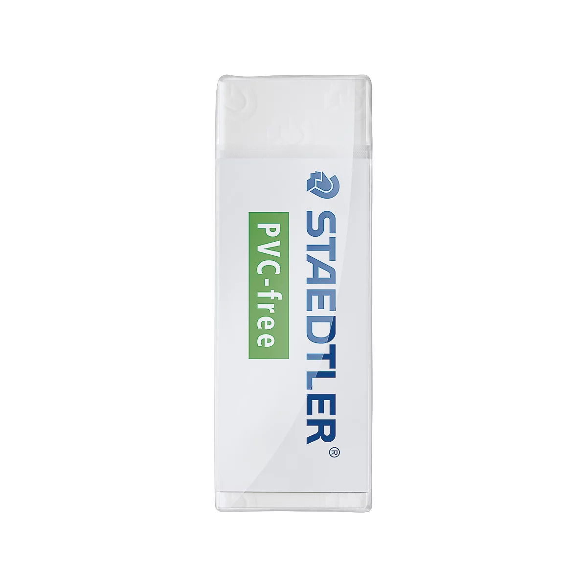 Een witte Staedtler gum in een doorzichtig hoesje met groene PVC-vrije opdruk.