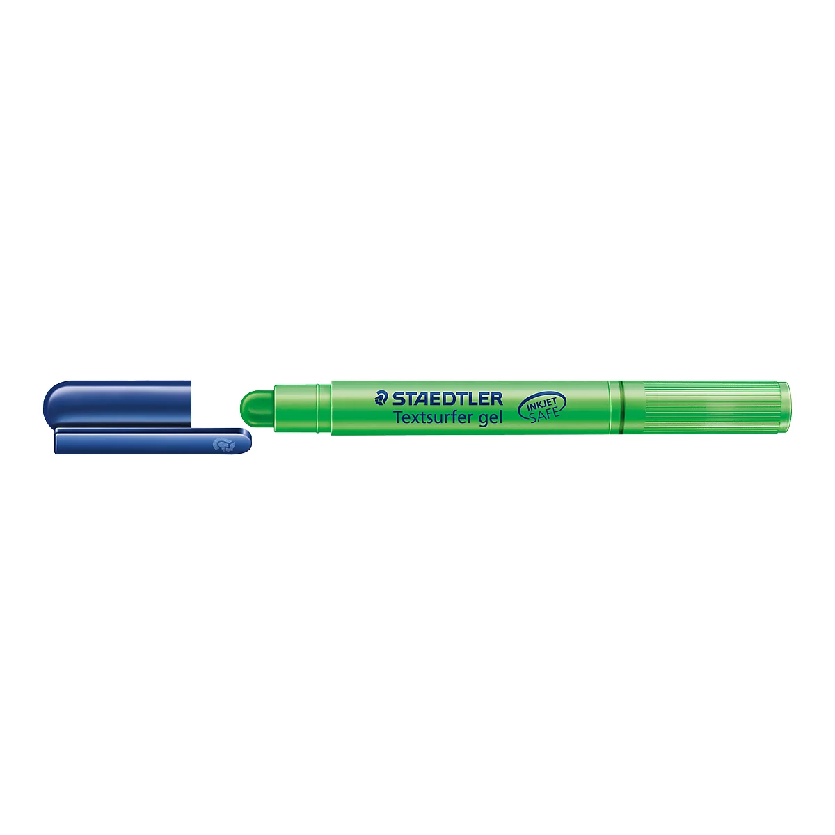 Green highlighter with blue cap. The text "STAEDTLER Textsurfer gel" is visible on the pen.