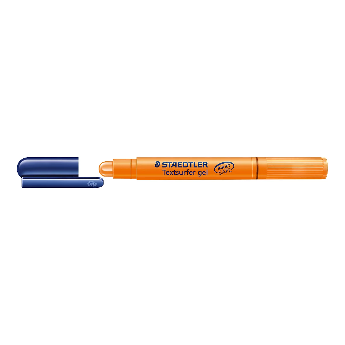 An orange Staedtler Textsurfer gel highlighter with a blue cap.