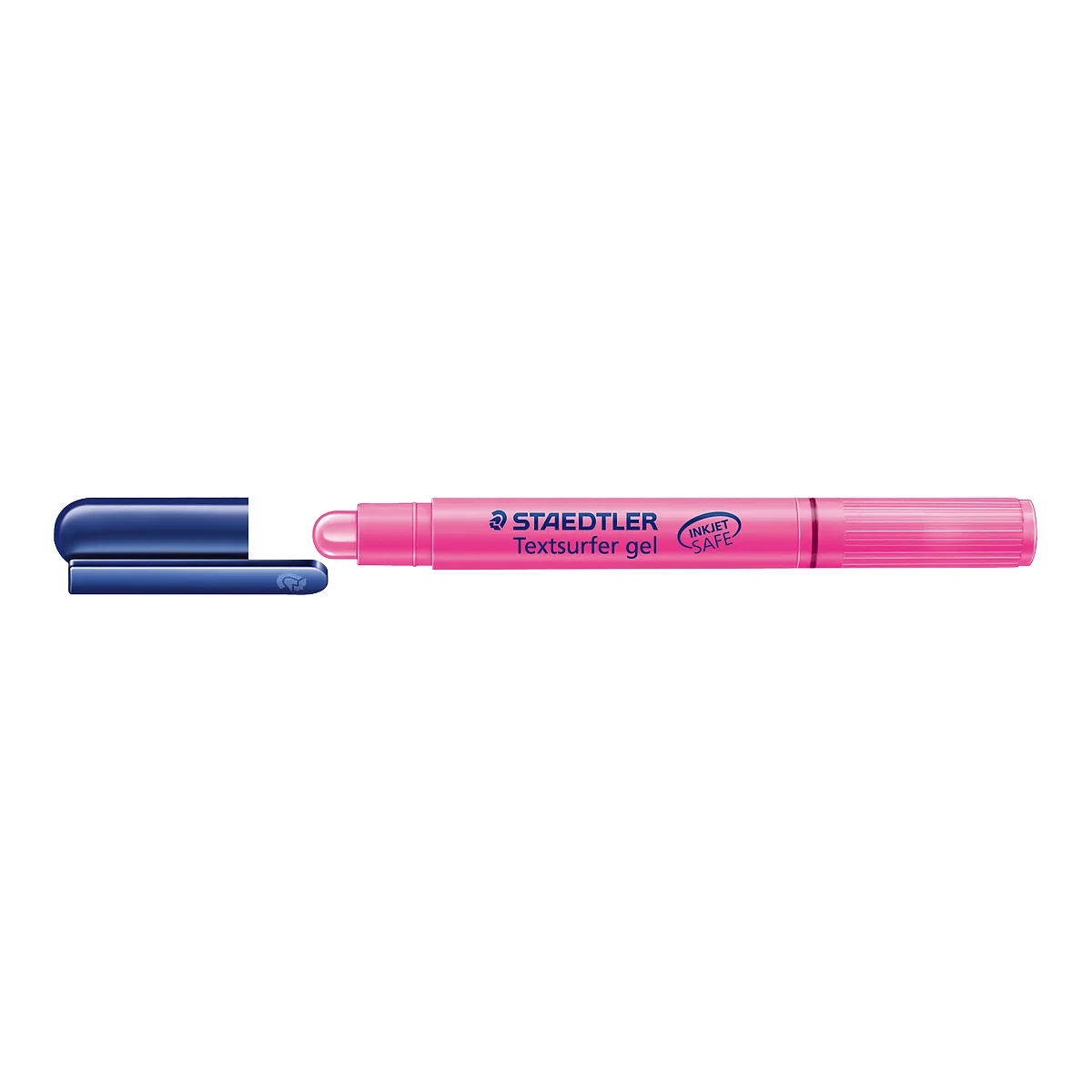A pink highlighter with a blue cap, partially open. It says "STAEDTLER Textsurfer gel".