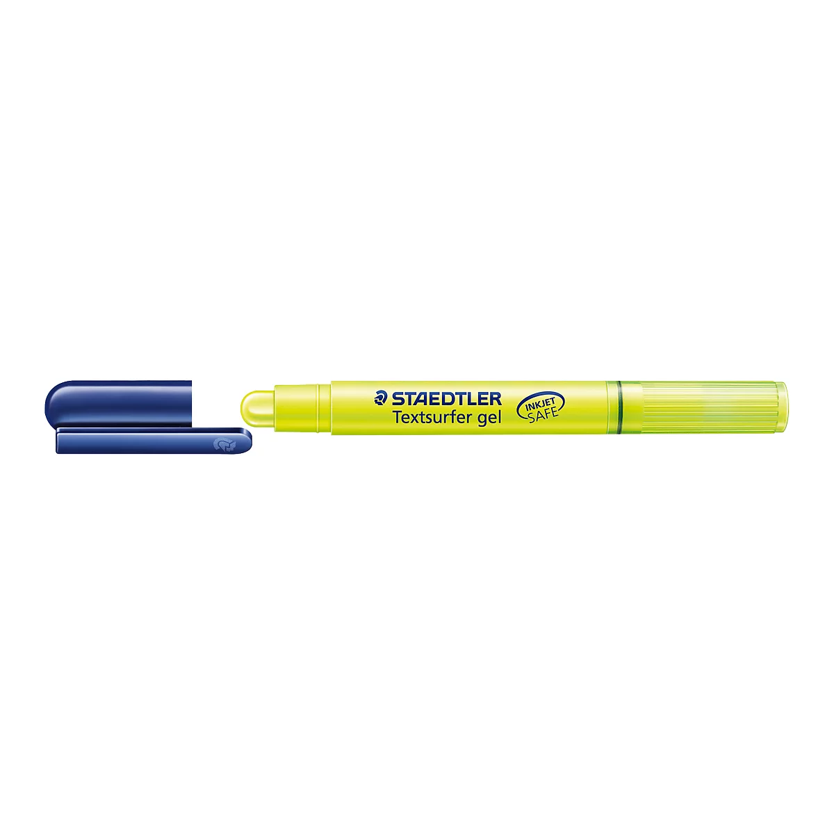Yellow highlighter with blue cap, with the text 'STAEDTLER Textsurfer gel'.