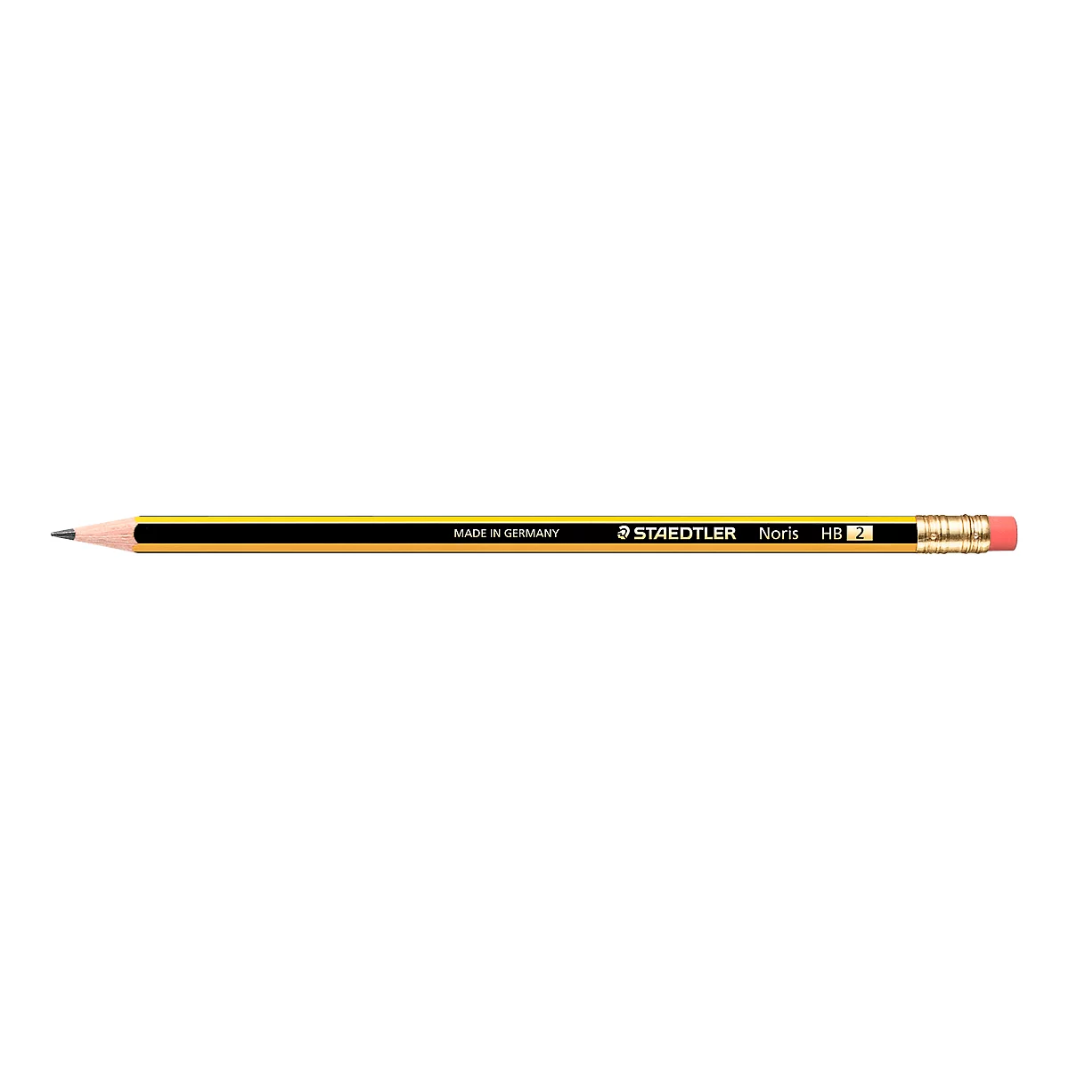 Close-up of a Staedtler pencil. The pencil has a yellow barrel, a black midsection, and a red tip. The barrel says Staedtler.