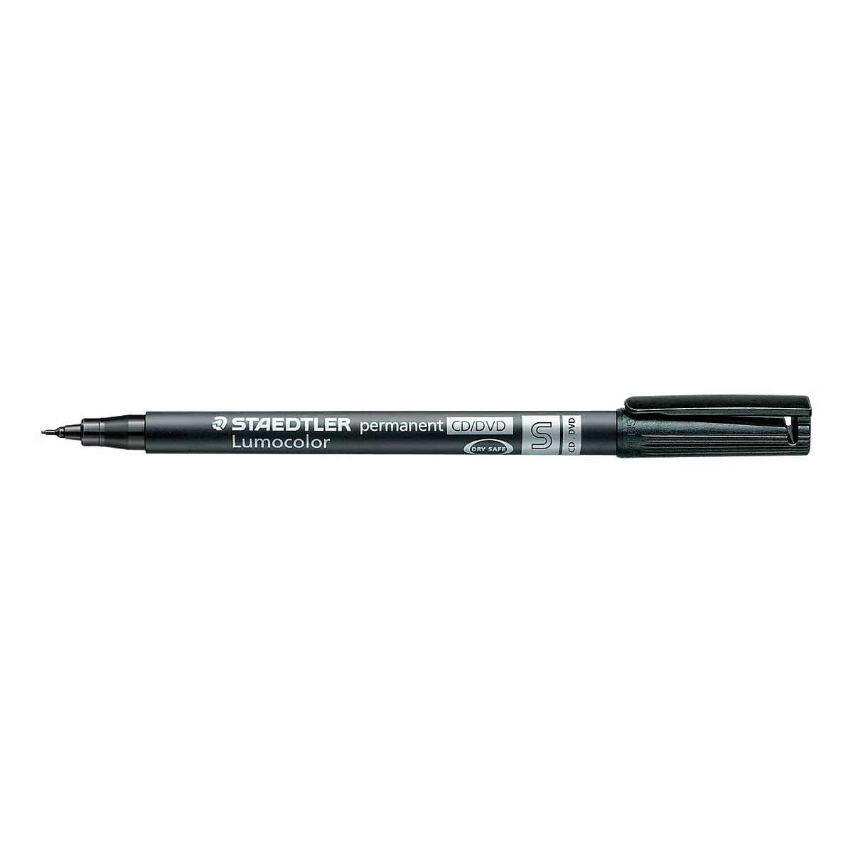Black Staedtler Lumocolor permanent marker, showing the manufacturer's name and product designation.