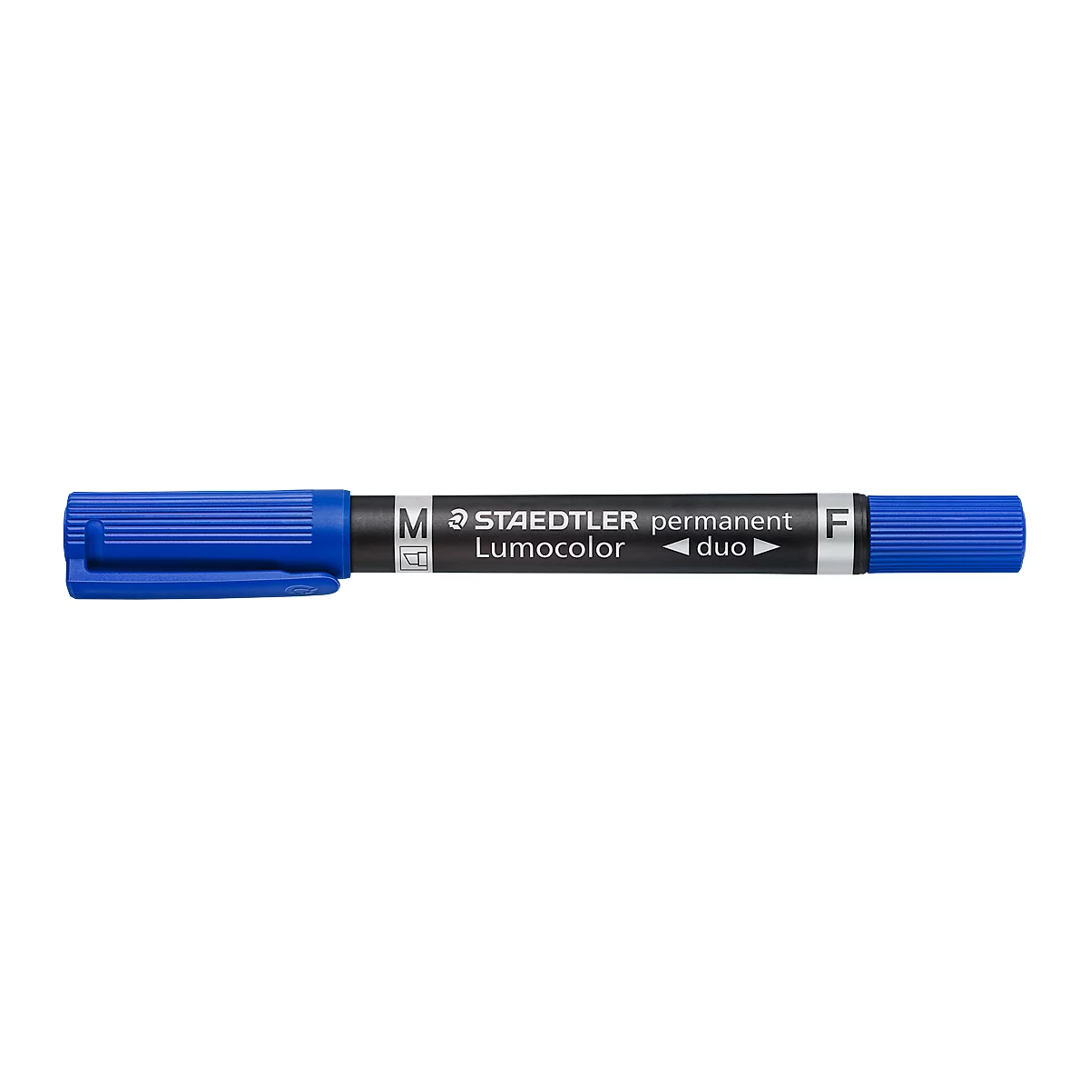 Blauwe viltstift, met de tekst "STAEDTLER permanent Lumocolor duo".