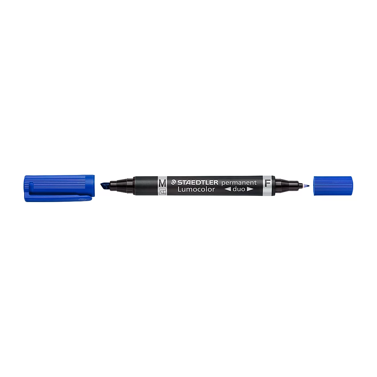 Een blauwe viltstift, de dop is eraf en ernaast gelegd. Op de pen staat "STAEDTLER permanent Lumocolor duo".