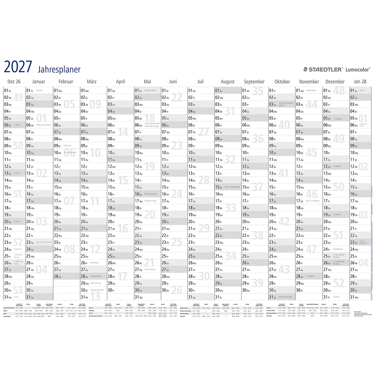 Staedtler jaarplanner 2027 met een duidelijk, tabellarisch overzicht van alle maanden, weken en dagen in een licht design.