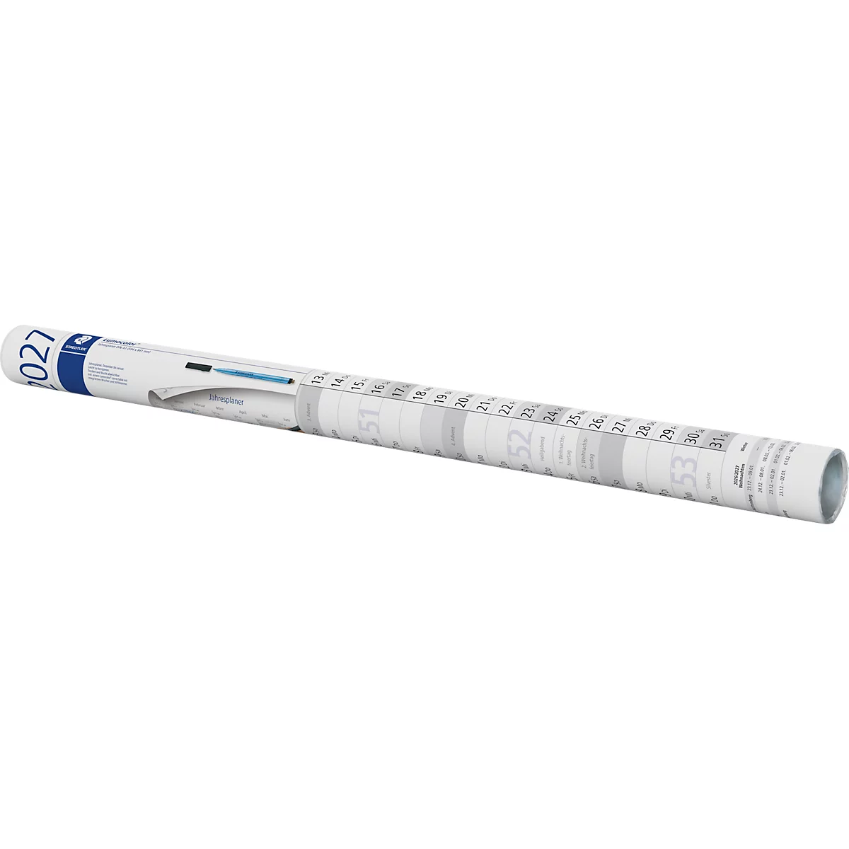Een witte opgerolde jaarplanner met blauwe branding en bedrukte kalenderweken op een neutrale achtergrond.