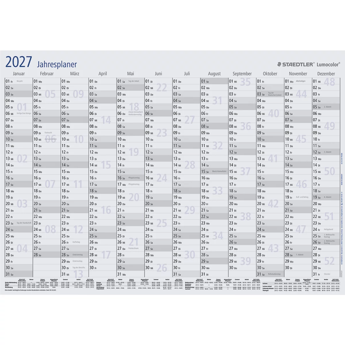 Jaarplanner voor het jaar 2027 van het merk Staedtler in wit en grijs design.
