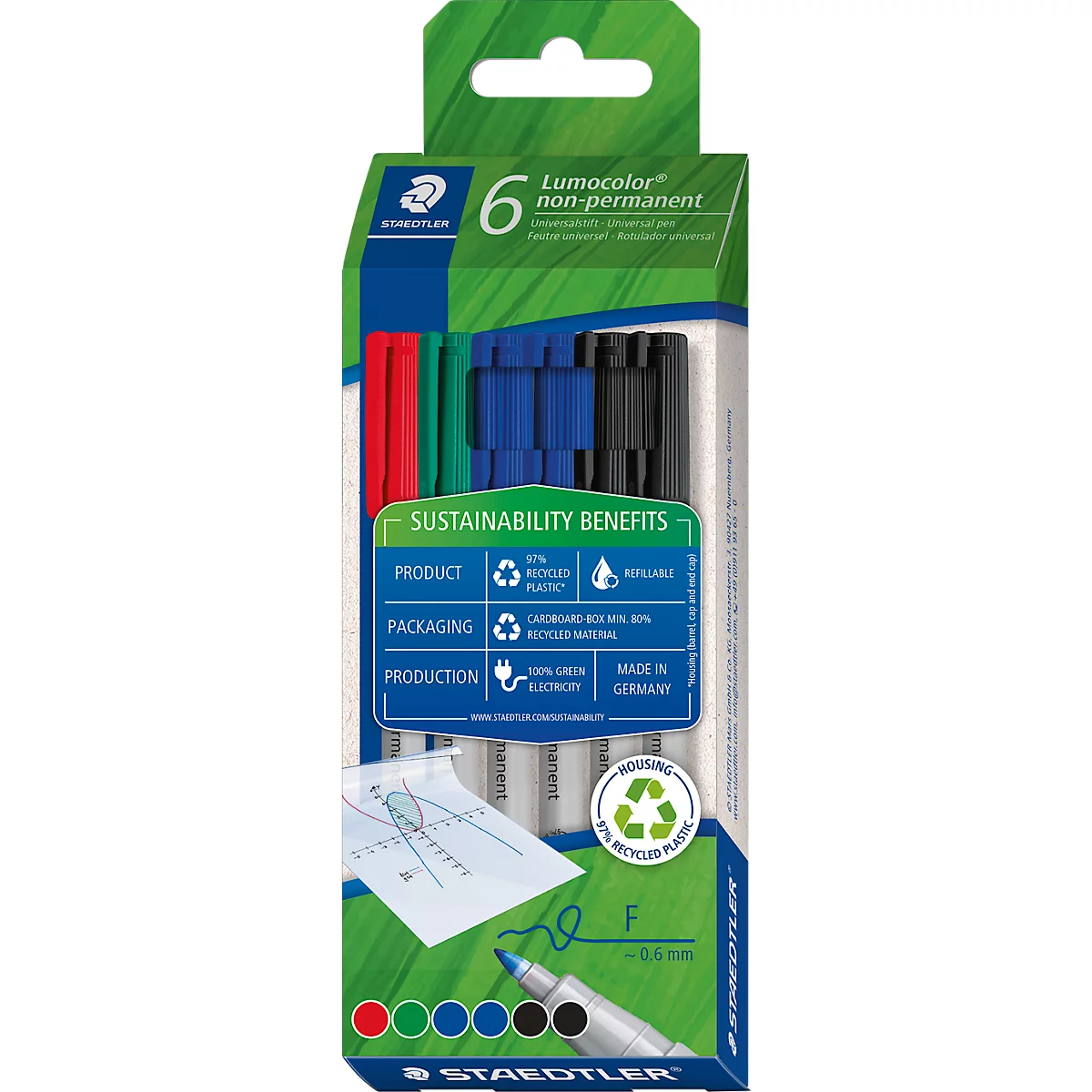 STAEDTLER Lumocolor non-permanent Folienstifte, 0,6 mm, nachfüllbar, abwischbar, schnell trocknend, farbsortiert, 6-er Set