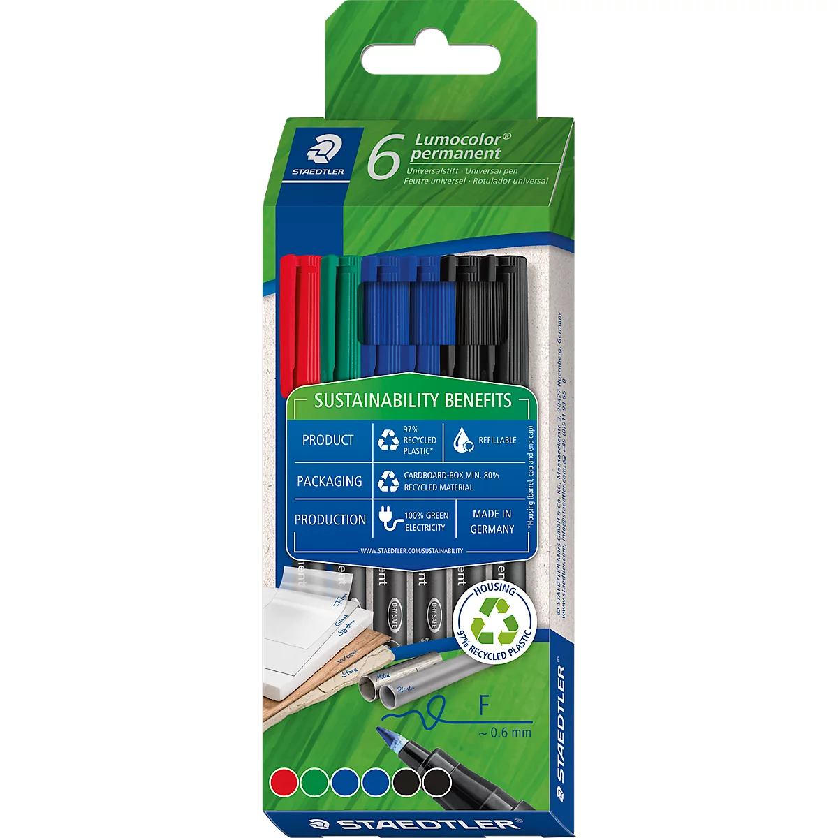 STAEDTLER Lumocolor permanent Folienstifte, 0,6 mm, nachfüllbar, DRY SAFE Technologie, schnell trocknend, farbsortiert, 6-er Set