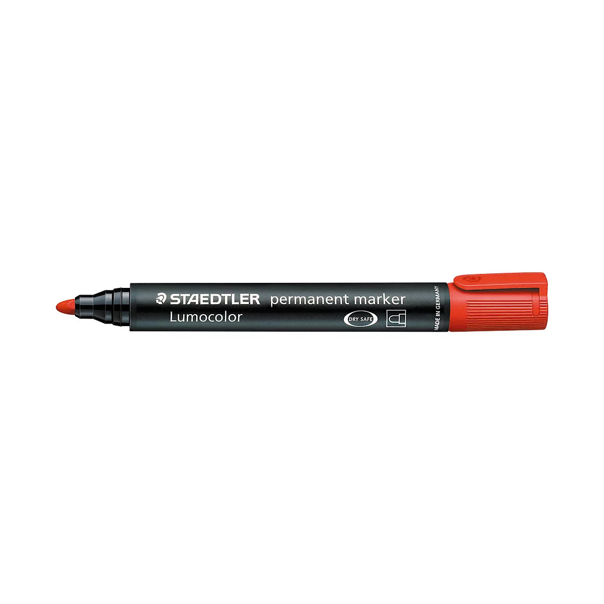 A red STAEDTLER Lumocolor permanent marker. Black barrel, red cap and tip.