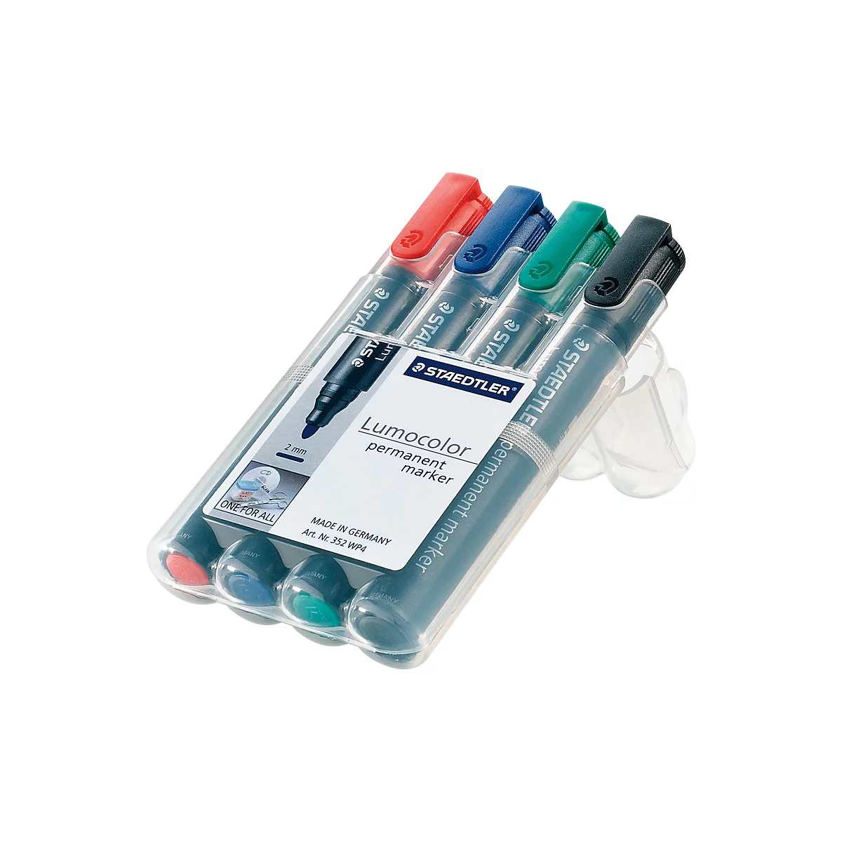 Four markers in a package. Red, blue, green and black, with text: Staedtler Lumocolor permanent marker.