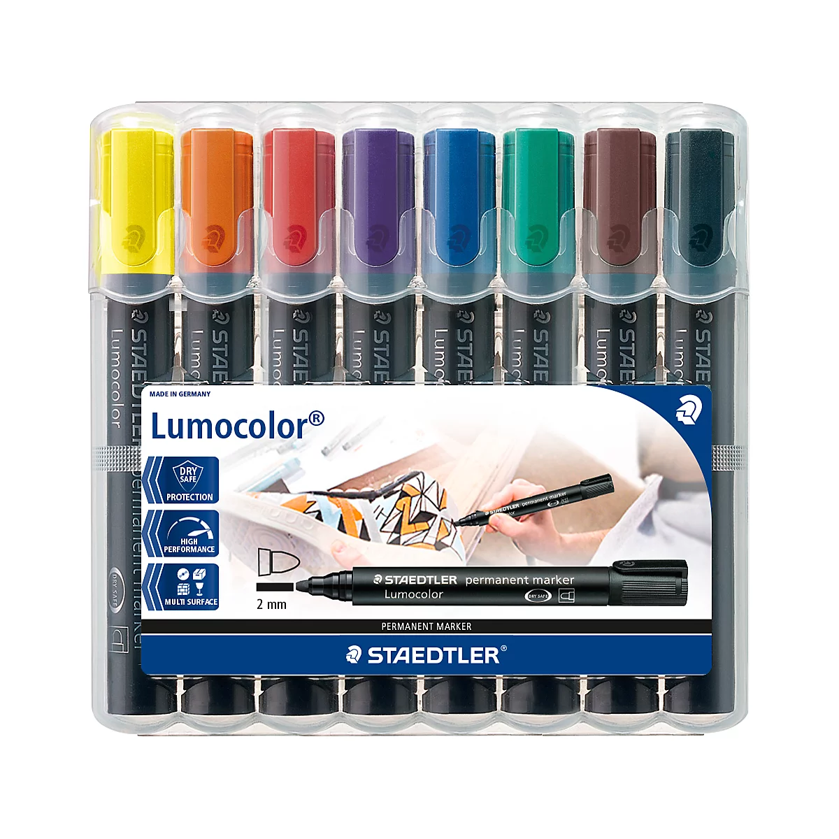 Set of colorful felt-tip pens in a transparent plastic package. A black pen is next to it. Prints: "Lumocolor", "STAEDTLER".