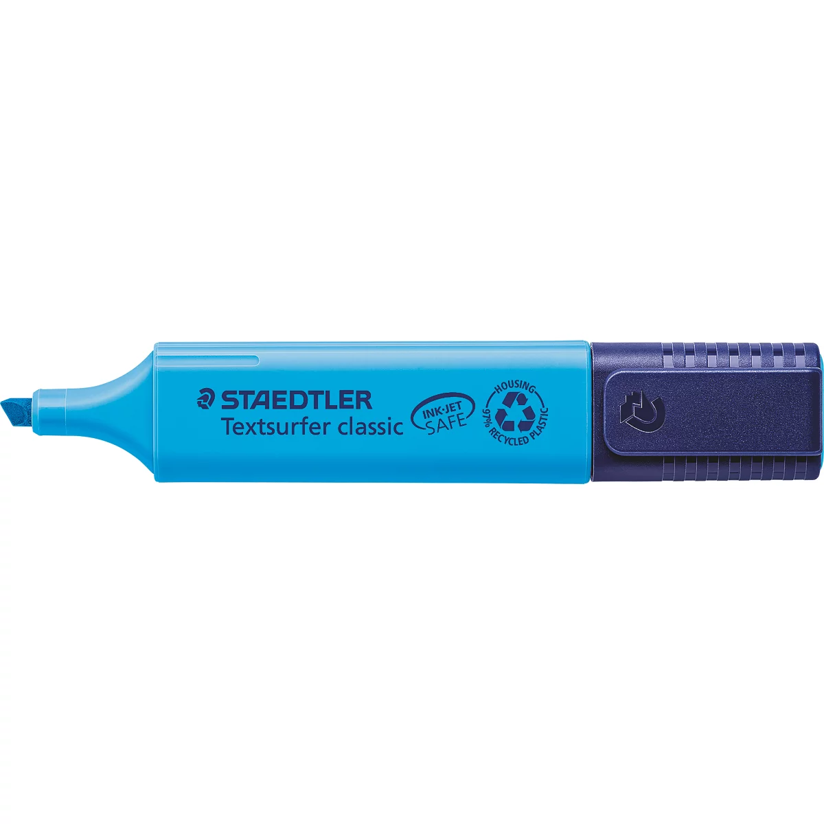 Blauwe Staedtler Textsurfer classic markeerstift met een donkerblauwe dop en punt.