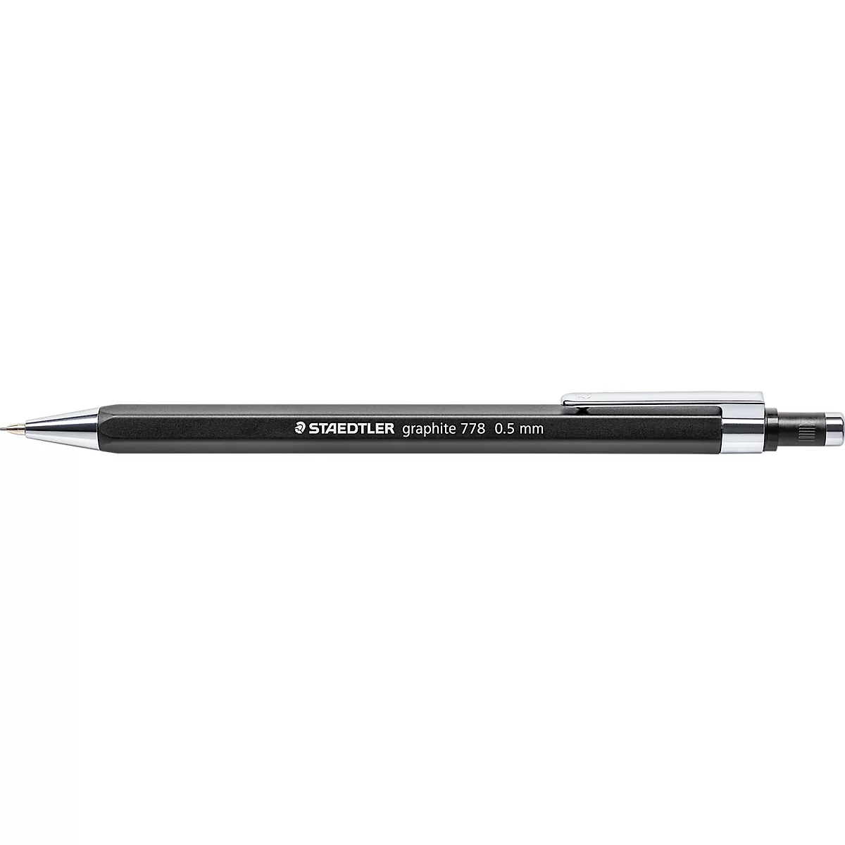 A black mechanical pencil with silver accents lies horizontally. Inscription: STAEDTLER graphite 778 0.5 mm.