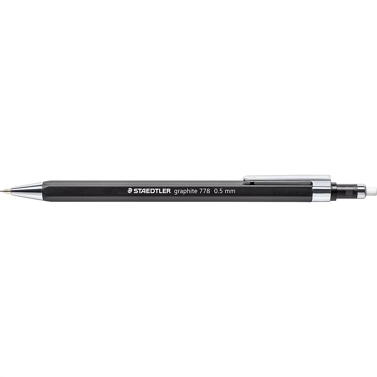 A black mechanical pencil with silver details. The shaft reads "STAEDTLER graphite 778 0.5 mm".