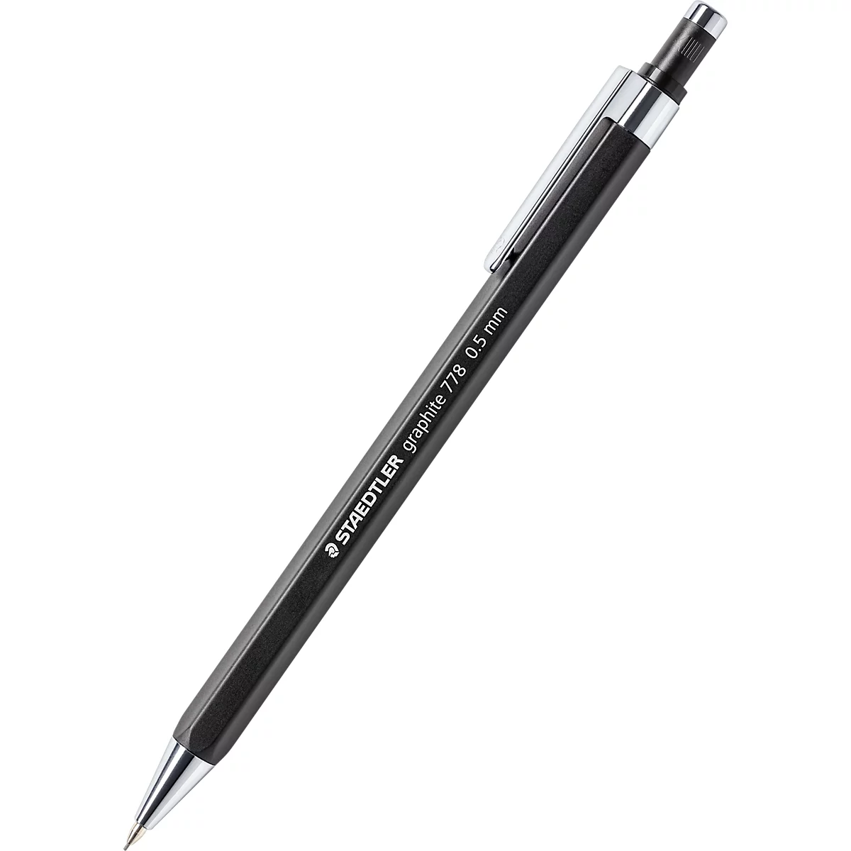 Black pencil with silver accents, marked with "STAEDTLER graphite 778 0.5 mm".