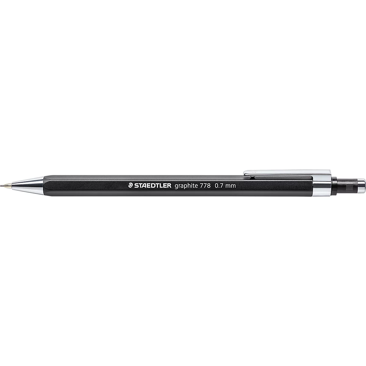 Dark grey mechanical pencil with the writing "STAEDTLER graphite 778 0.7 mm".