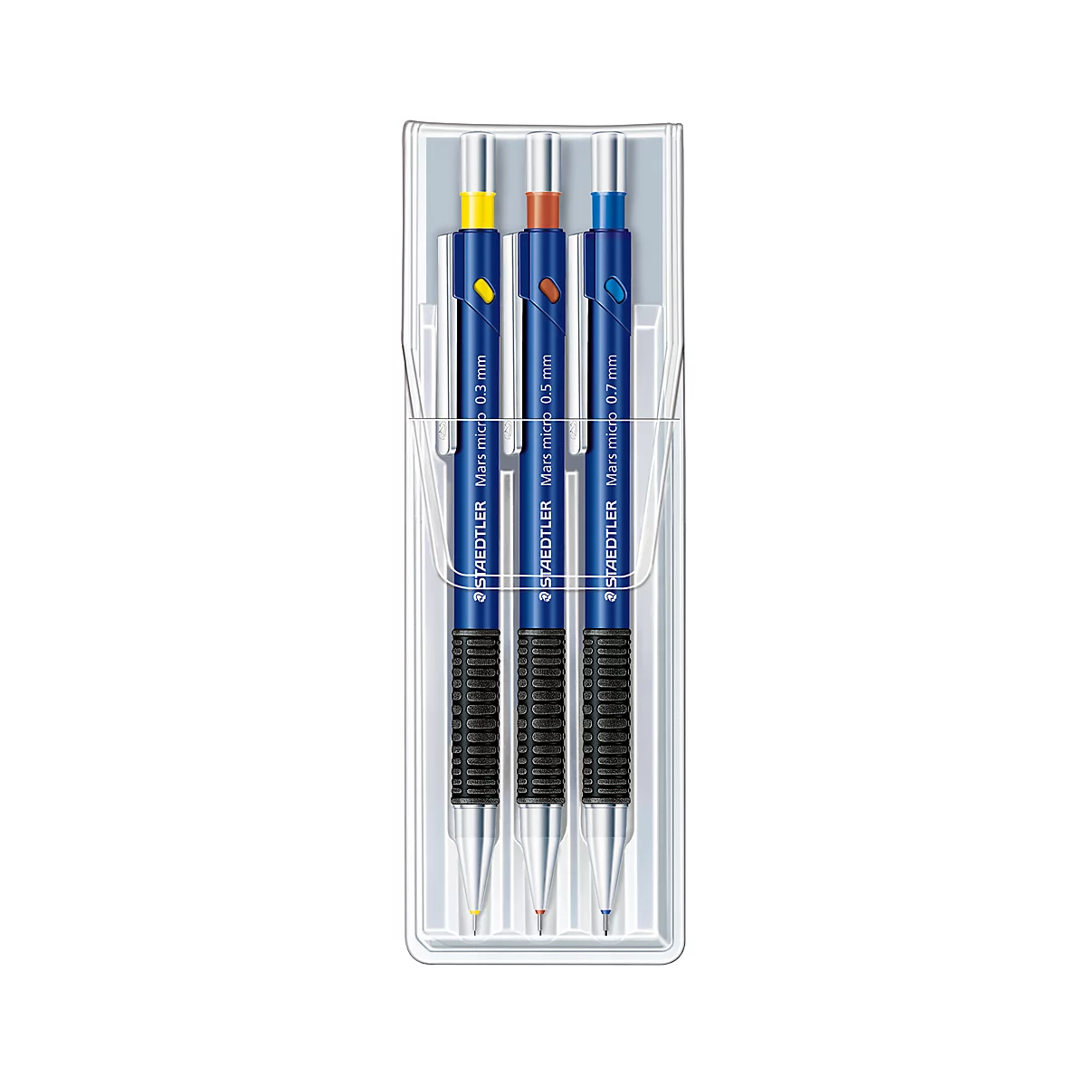 Three blue Staedtler mechanical pencils with colored markings in a transparent plastic case.
