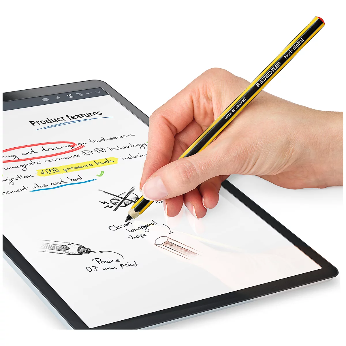 STAEDTLER Noris® Digitale invoerpen, voor EeMR-apparaten, verwisselbare puntenslijpers, 4096 drukniveaus, handpalmherkenning, zeshoekig, duurzaam materiaal op houtbasis, zwart-geel
