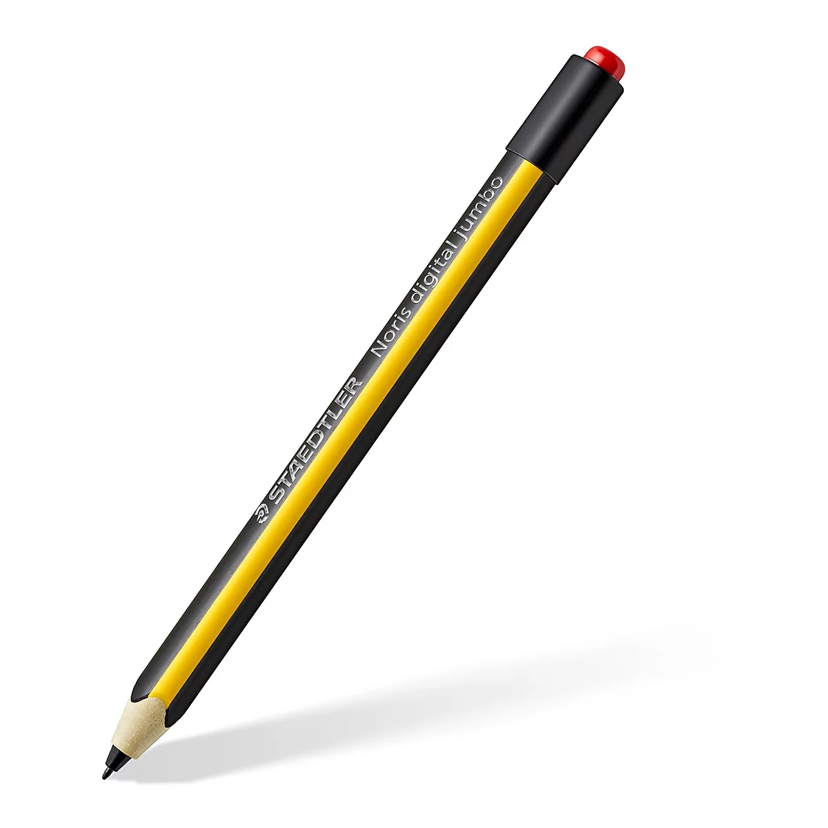 STAEDTLER Noris® Stylo de saisie numérique Jumbo, pour les appareils compatibles EeMR, pointe interchangeable, 4096 niveaux de pression, reconnaissance de la paume, gomme numérique, forme triangulaire, matériau durable à base de bois, noir-jaune.