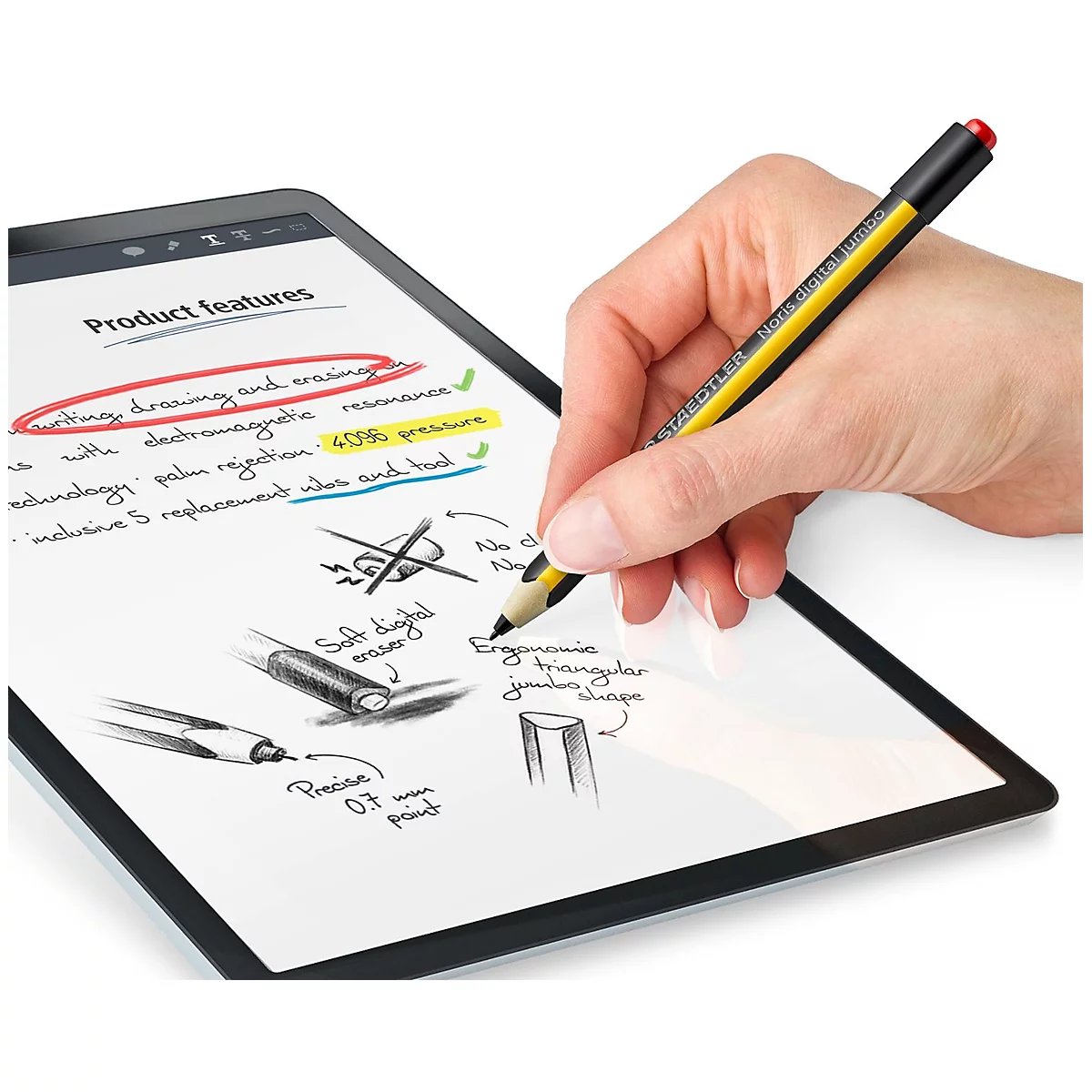 STAEDTLER Noris® Stylo de saisie numérique Jumbo, pour les appareils compatibles EeMR, pointe interchangeable, 4096 niveaux de pression, reconnaissance de la paume, gomme numérique, forme triangulaire, matériau durable à base de bois, noir-jaune.