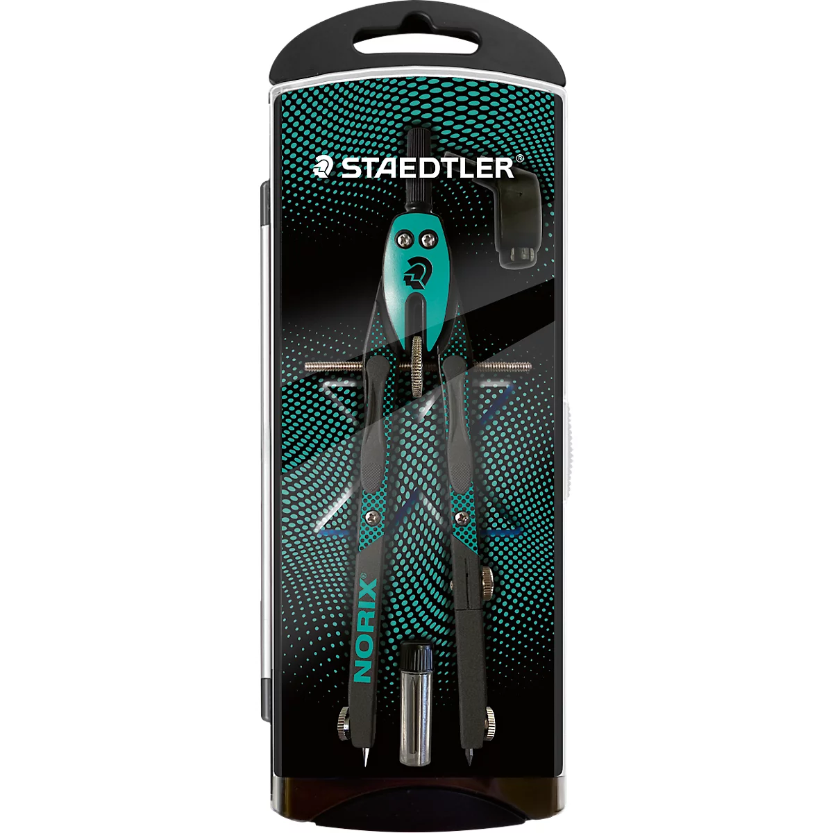 Staedtler Norix passer in een zwarte en turquoise verpakking met een geometrisch patroon.
