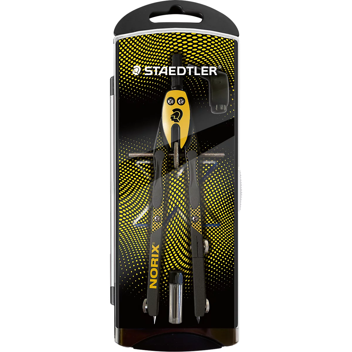 Staedtler Norix passer in zwart-gele verpakking met logo.