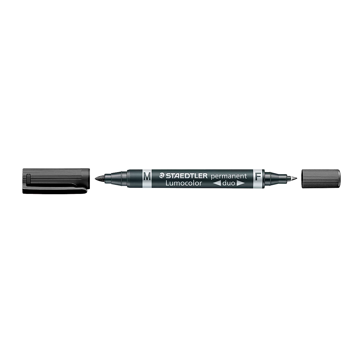 A black Staedtler Lumocolor permanent duo pen with open caps.