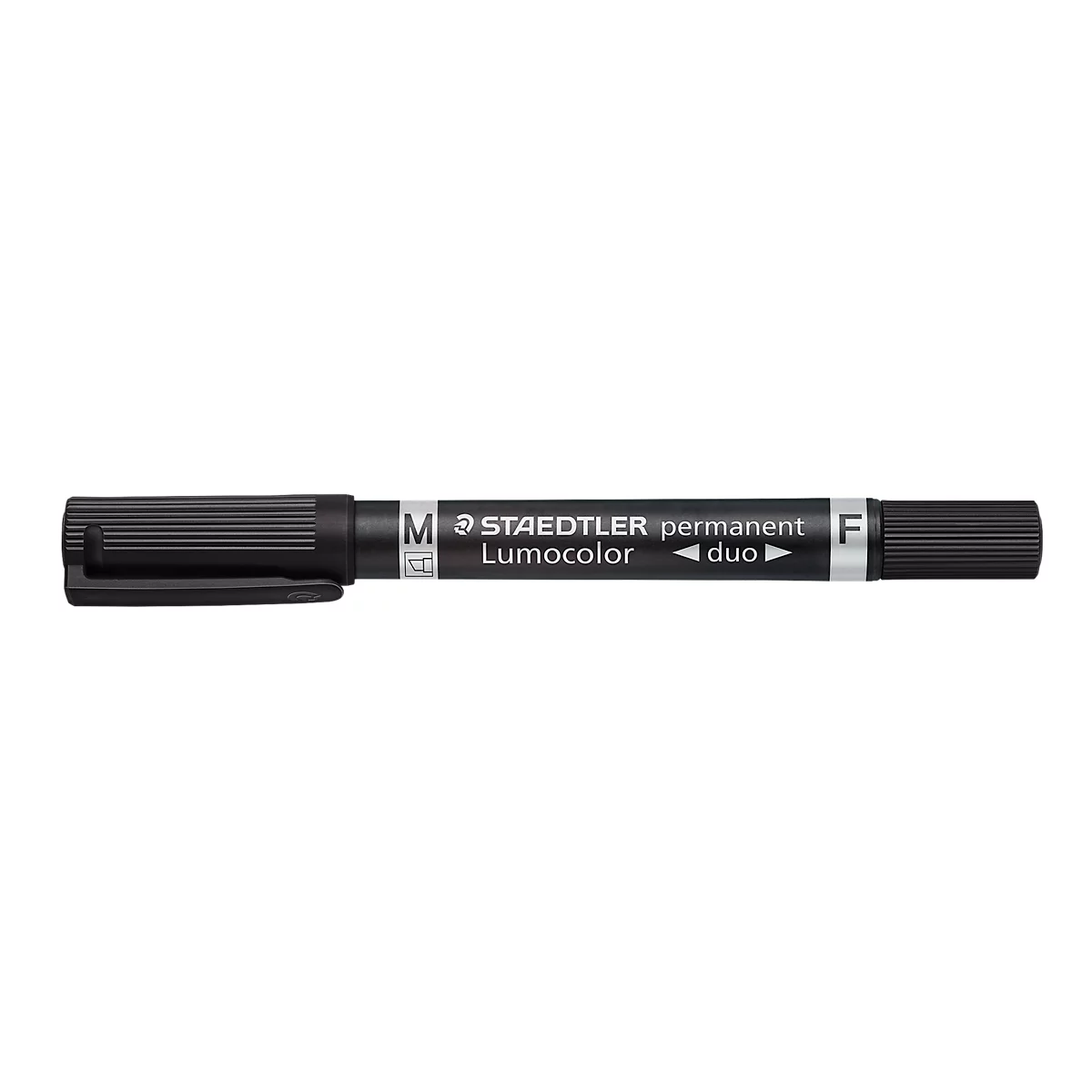 Black STAEDTLER Lumocolor Duo pen. M and F mark the tips. Black barrel.
