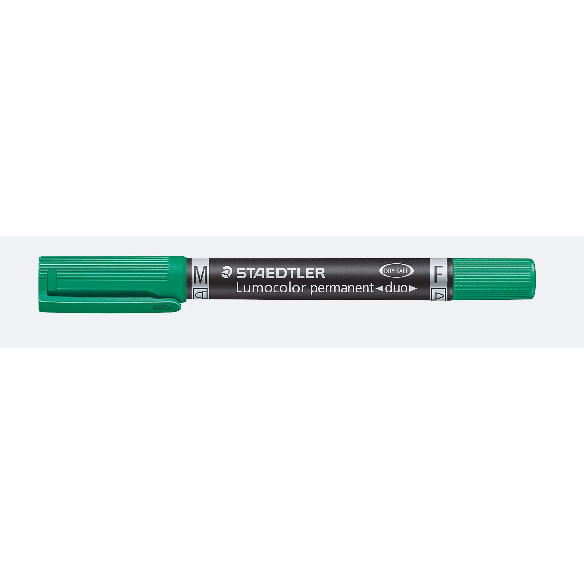 Grüner Staedtler Lumocolor Permanent Duo Stift mit zwei Spitzen vor weißem Hintergrund.