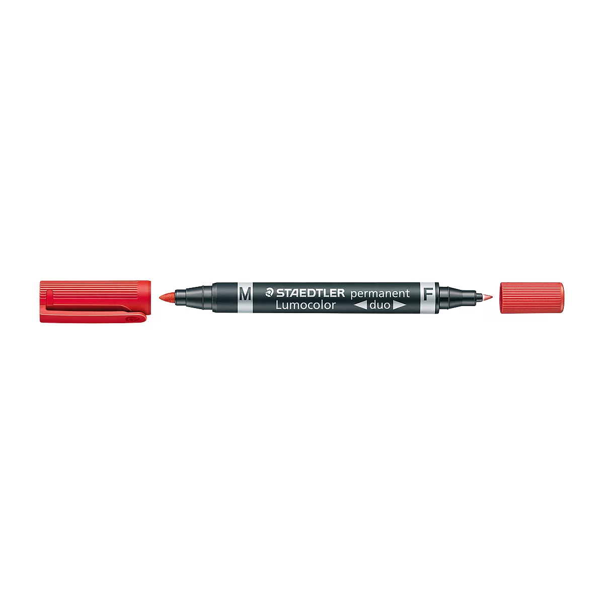 A red STAEDTLER Lumocolor Duo permanent marker with open caps.