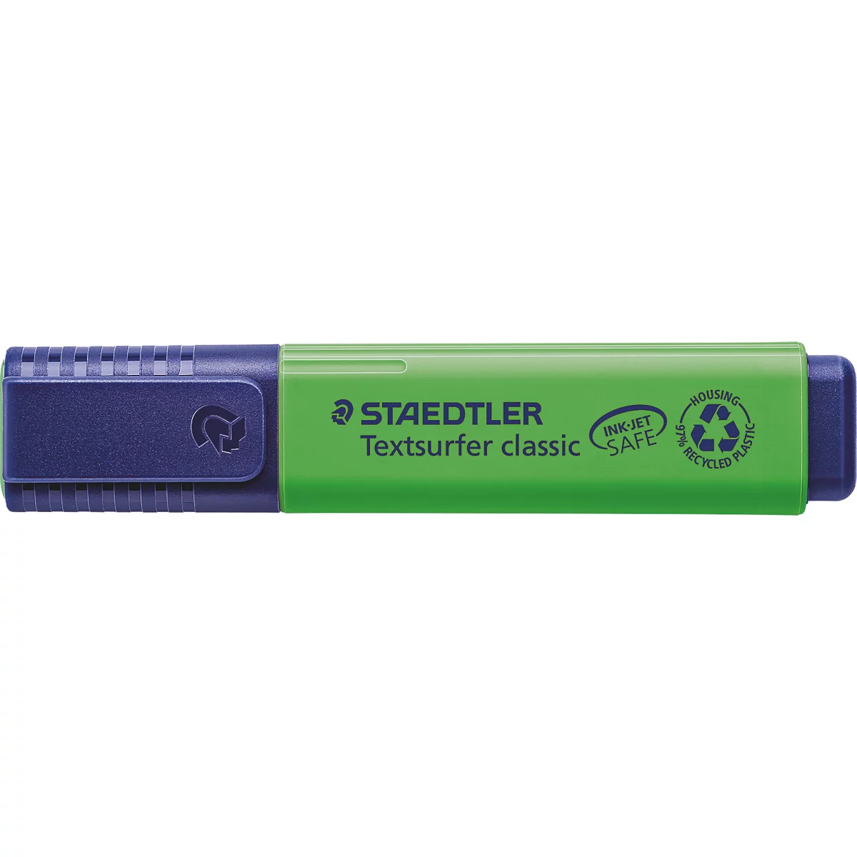 Ein grüner Textmarker von Staedtler mit blauem Deckel. Aufschrift: Textsurfer classic.