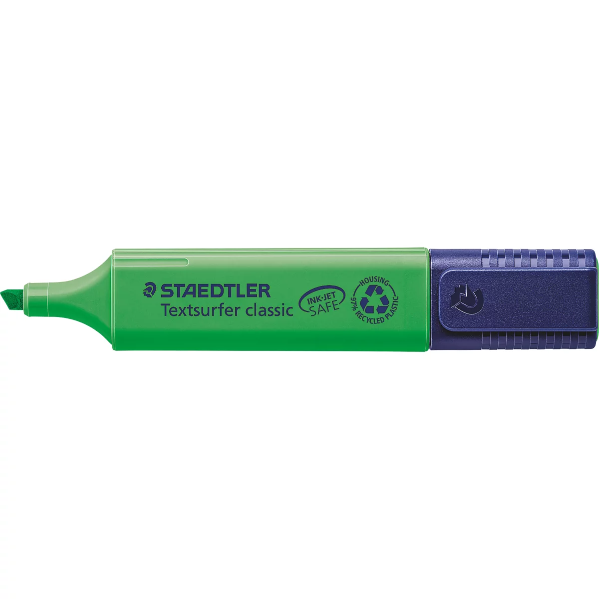 Ein grüner Textmarker mit blauem Deckel. Aufschrift: STAEDTLER Textsurfer classic.