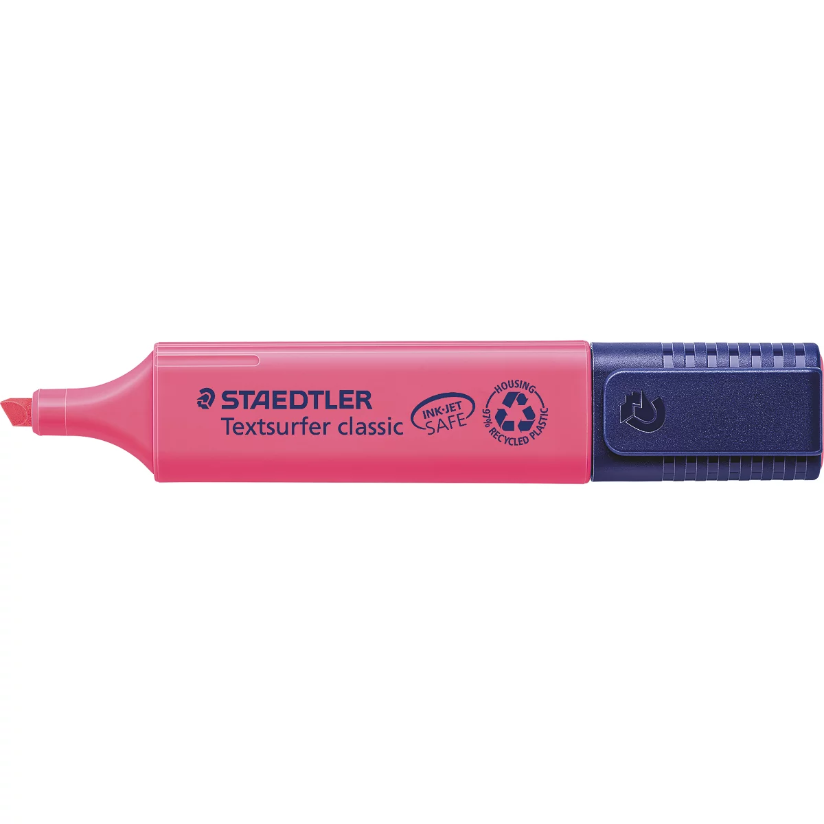Rosa Textmarker, der Staedtler Textsurfer classic heißt. Mit schwarzer Schrift und einer dunkelblauen Kappe.