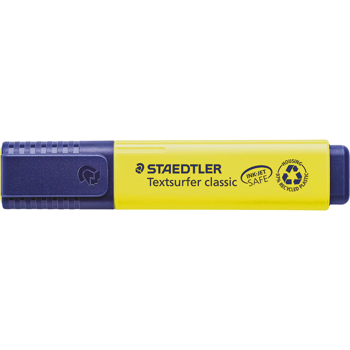 Gelber Textmarker mit blauem Deckel. Aufschrift: Staedtler Textsurfer classic.