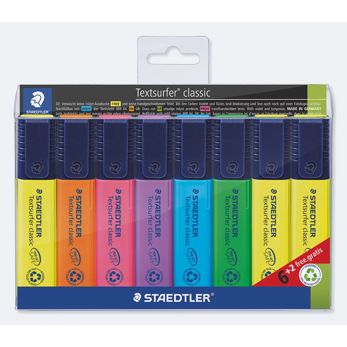 Doos met gekleurde markeerstiften: geel, oranje, roze, paars, blauw, groen. Met merklogo en tekst.